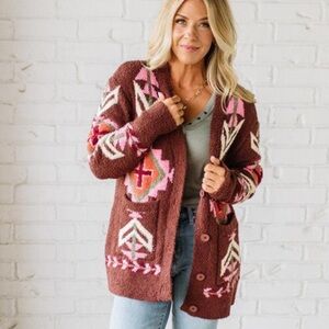 In Loom Cozy Brown and Pink Aztec Patterned Bohemian/Western soft Cardigan NEW L